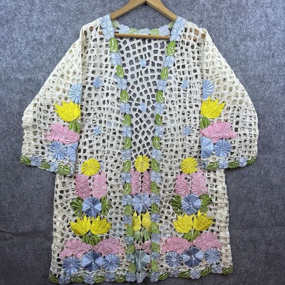 Boho Embroidered Cardigan Womens XL Crochet Look Festival Lagenlook Cottage - Picture 1 of 8